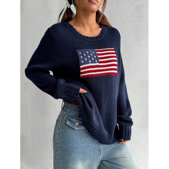 American Flag Knit Navy Blue Pullover Sweater Crew Neck Long Sleeve Drop Shoulde - Picture 4 of 8